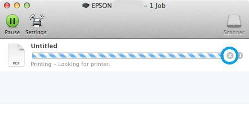 Tulostus C Peruuta tulostustyö osoittamalla Delete (Poista) -painiketta. Mac OS X 10.8: Peruuta tulostustyö osoittamalla painiketta.
