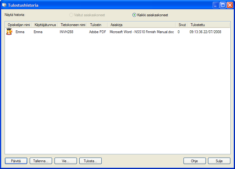 Tulostushistorian näyttäminen Tulostuksenhallinnan tämä ominaisuus mahdollistaa yhteydessä olevien opiskelijoiden tulostamisen valvonnan sekä tarvittaessa tietojen tallentamisen tai tulostamisen. 1.