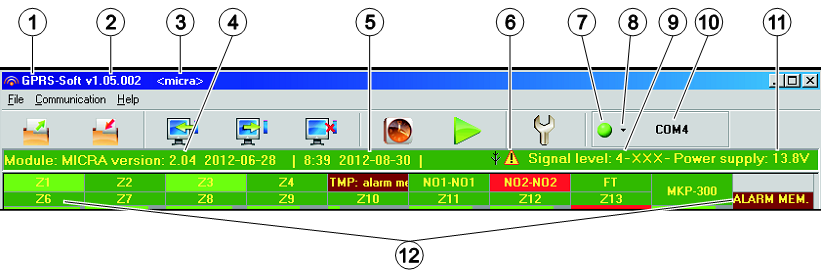 Kuva 8: GPRS-SOFT päänäkymä 1) Ohjelman nimi 2) Versio 3) Konfiguraatiotiedoston nimi 4) Micran keskusyksikön versio ja luontipäivä 5) Micran kellon päivä ja aika - nämä päivittyvät automaattisesti