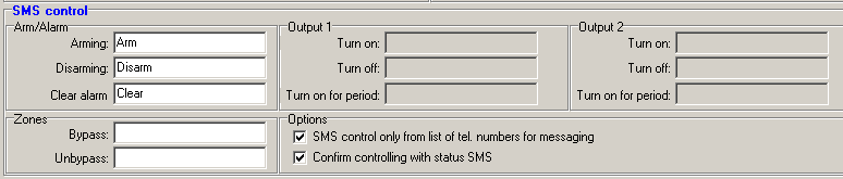 Hälytysjärjestelmässä seuraavat valinnat ovat käytössä: Arming: Valinnainen SMS-komento, jolla keskusyksikkö siirtyy hälytystilaan Disarming: Valinnainen SMS-komento, jolla keskusyksikkö siirtyy