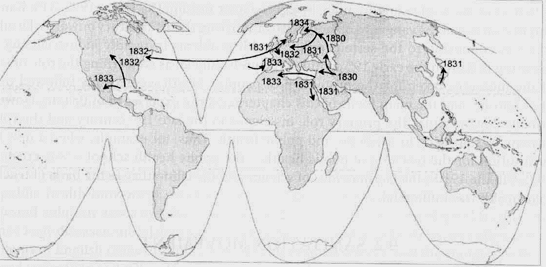 Kolera Kolera saapui1830-luvun alussa ensimmäistä kertaa Eurooppaan, Afrikkaan,