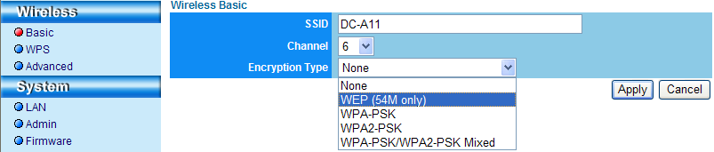 7.7 Salauksen peruminen 7.7.1 Asetus 1. Kirjoita [Basic] sivu.. [Encryption Type]: Valitse [None]. 3. Paina [Apply] ja ota muutokset käyttöön. 1 3 7.7. Yhteys (salaamaton) Uudelleen kytkennän käyttöönottamista varten löydät lisätietoja metodista 1 ja metodista kohdasta 6.