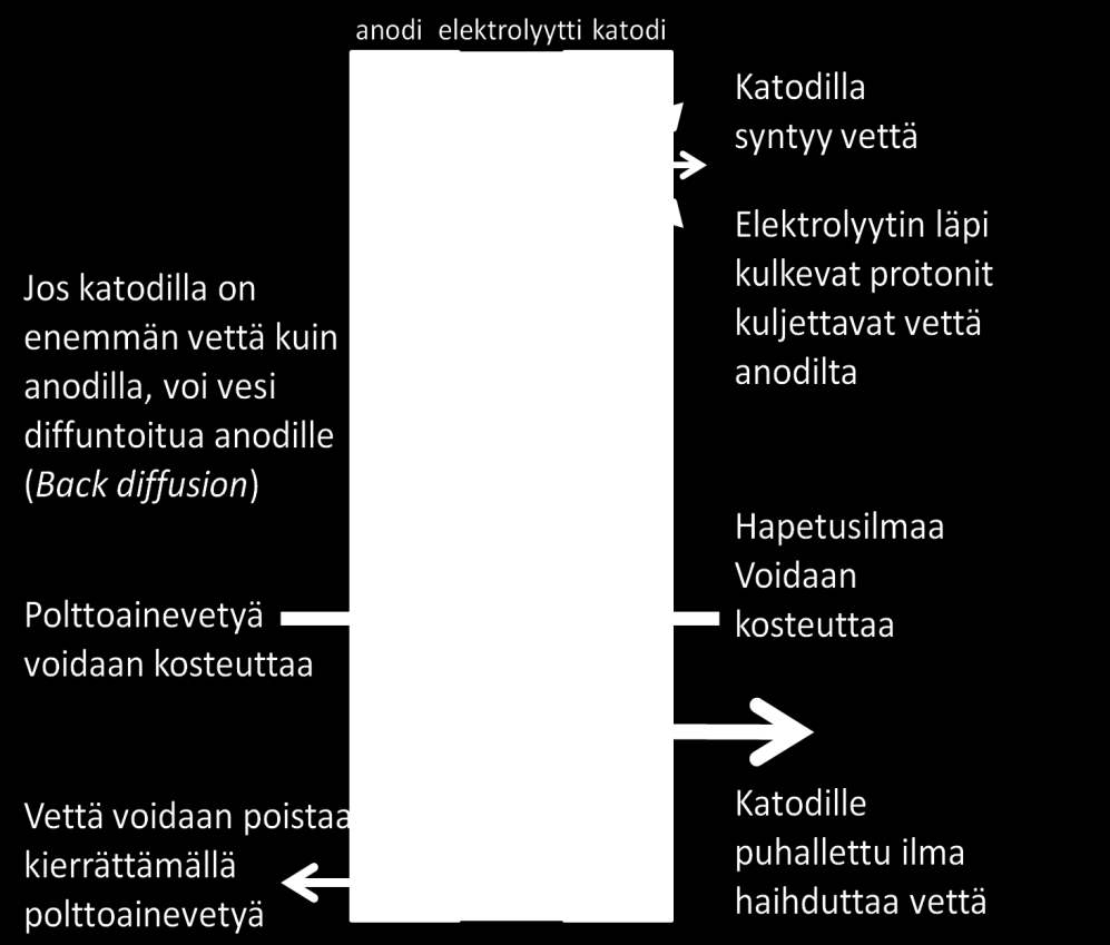 36 käyttölämpötiloissa. Jatkossa tullaan havaitsemaan, että katodille syötettävä ilma kuivattaa elektrodeja nopeammin kuin kosteutta syntyy aina kun käyttölämpötila ylittää 60 C.