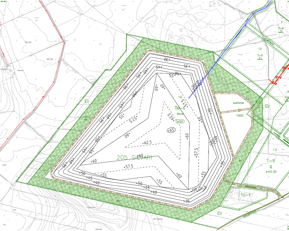 37 Kuva 19. Alustava täyttösuunnitelma, jossa alueen keskellä suurin korkeus + 65 mpy.