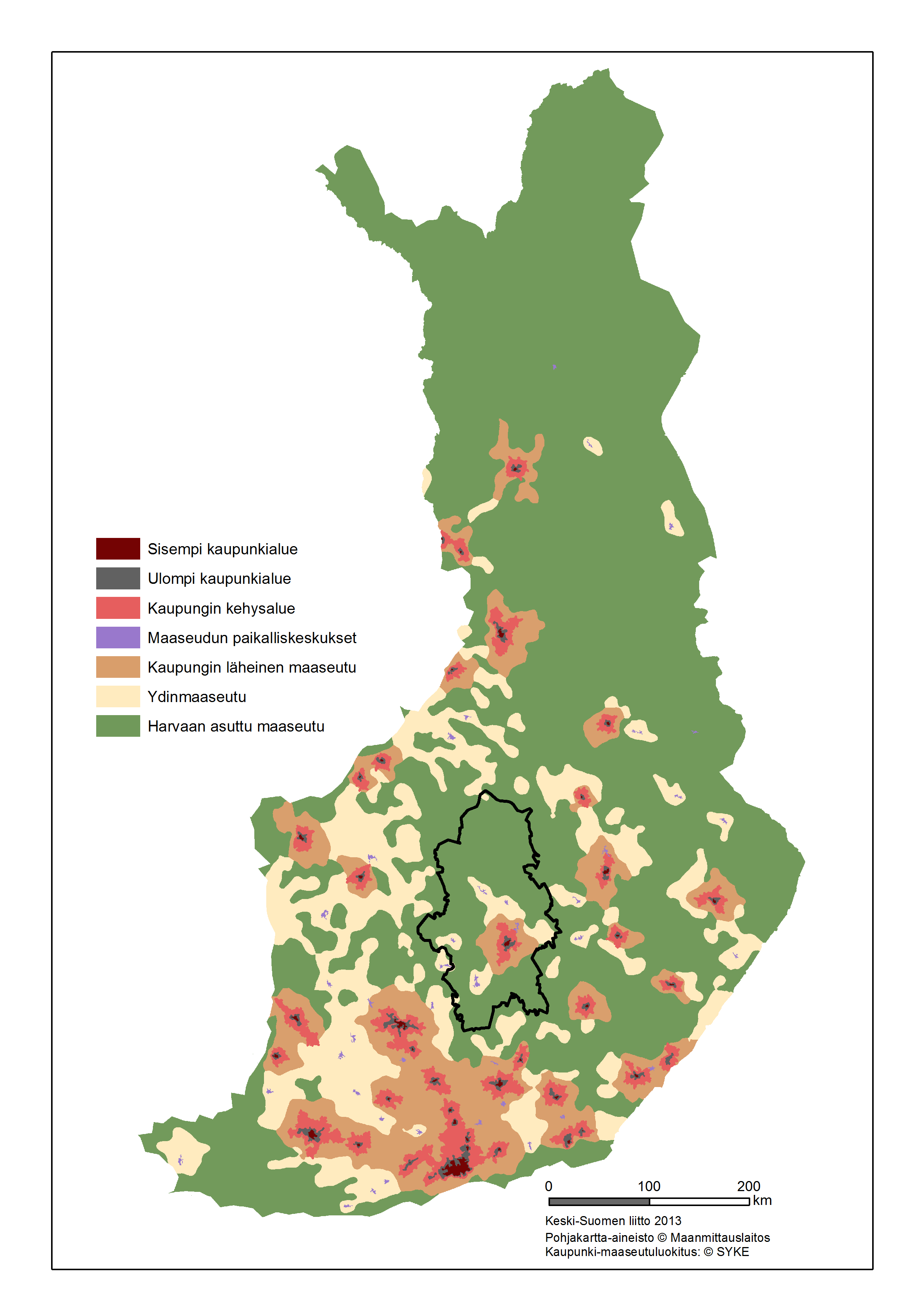 Kuvio 1. Keski-Suomen aluerakenne 2040 Maakunnan selkeä kaupallinen ydin on Jyväskylän seutu. Muut keskittymät ovat Joutsa, Jämsä, Karstula, Keuruu, Pihtipudas, Saarijärvi, Viitasaari ja Äänekoski.