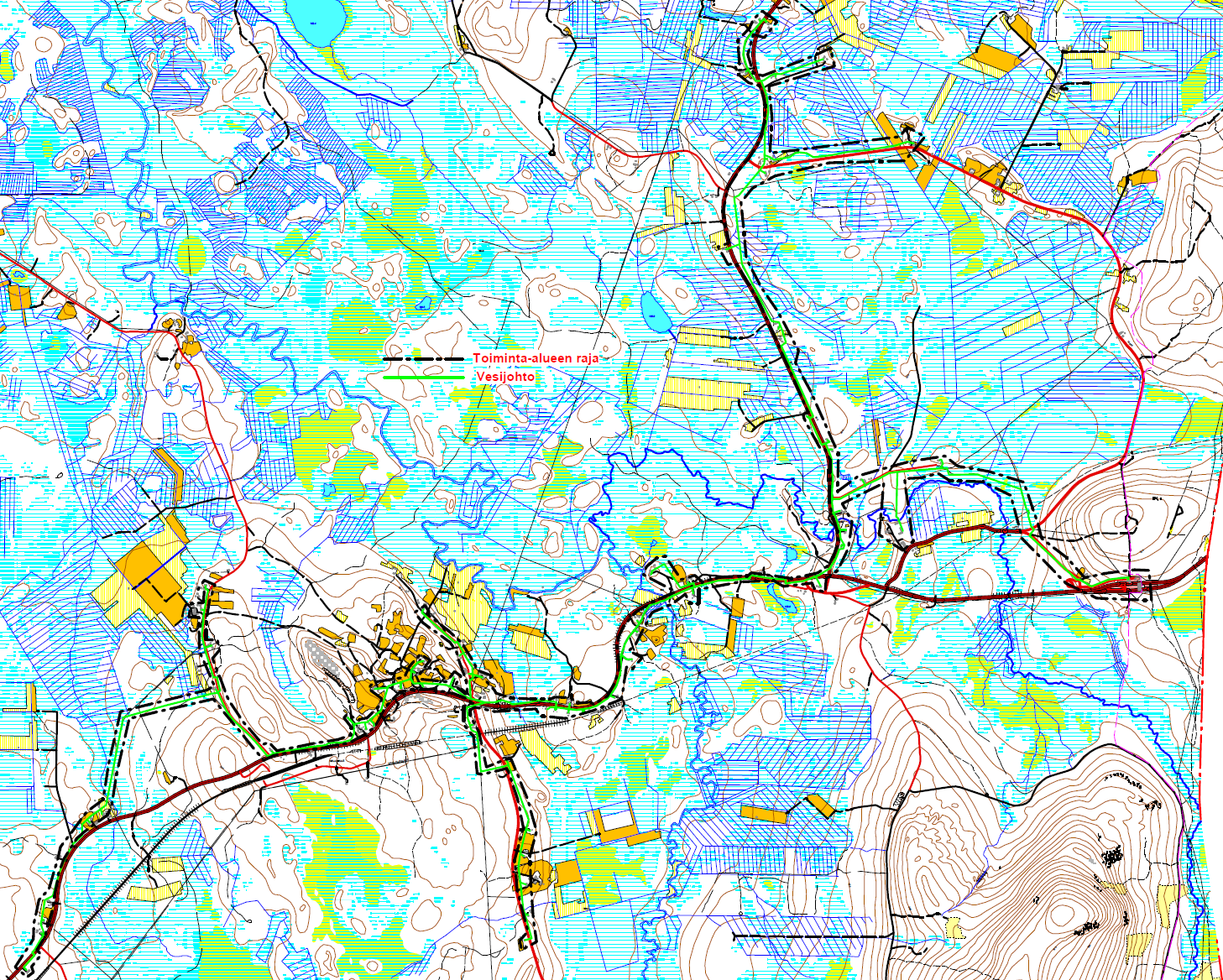 Kuvat 20 ja 21. Yllä Kelloselän ja oikealla Sallan kirkonkylän kunnallistekniset verkostokartat. Kelloselässä on vesijohtoverkosto, joka muodostaa samalla kylässä vesilaitoksen toiminta-alueen.