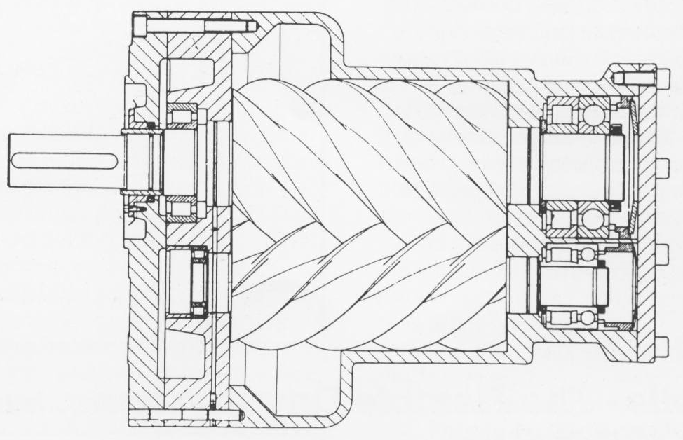 Kuva 2.23 Kaksiroottorisen ruuvikompressorin läpileikkaus. [17] resta. Kuori sulkee ruuvin ja sakarapyörät sisäänsä.