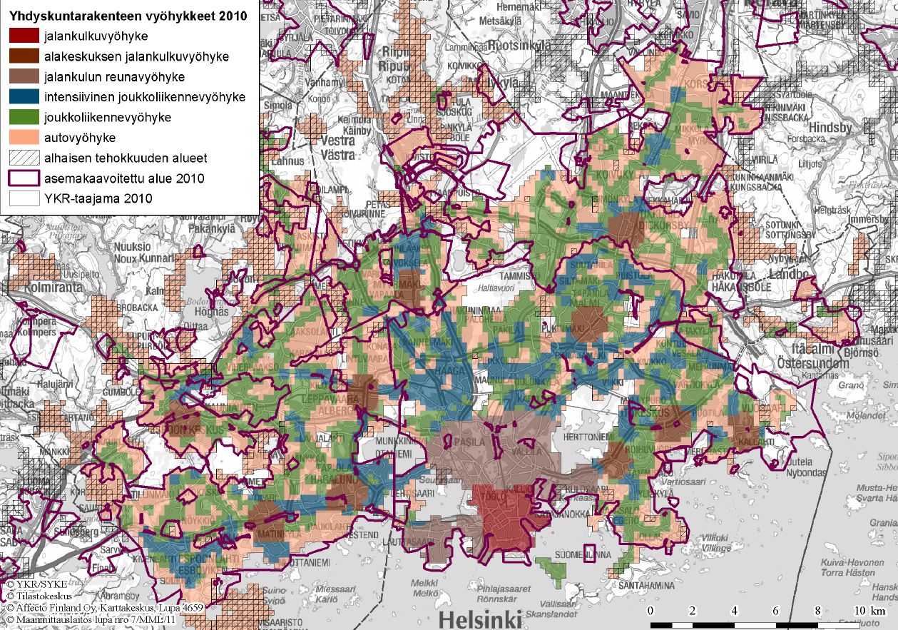 KEKO A väliraportti Sivu 89 / 106 Yhdyskuntarakenteen vyöhykejaossa YKR:n 250 m * 250 m ruudut on jaettu jalankulku-, joukkoliikenne- ja autovyöhykkeisiin.