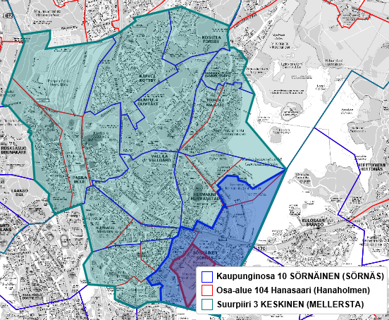 23 Kuva 7: Esimerkiksi Hanasaari on Helsingin osa-alue, joka kuuluu Sörnäisten kaupunginosaan ja keskiseen suurpiiriin. Kuva on ruutukaappaus Helsingin kaupungin karttapalvelusta (http://kartta.hel.