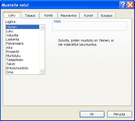 Microsoft Excel perusteita 27 (36) 3) valitse avautuneesta ikkunasta luokaksi yleinen 4) paina ok, jolloin ikkuna sulkeutuu Kun teet lomakkeita, jotka ovat esitäytettyjä, ja joissa käyttäjä saa