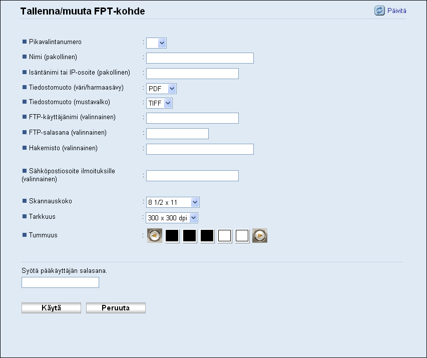 Skannauskohteiden tallentaminen FTP:lle skannauksen asetukset Tieto Asetus Kuvaus Pikavalintanumero Nimi Isäntänimi tai IP-osoite Tiedostomuoto (väri/ harmaasävy) Tiedostomuoto (mustavalko)