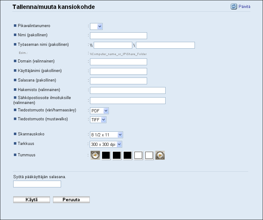 5. Skannerin käyttäminen Tieto Asetus Kuvaus Skannauskoko Tarkkuus Tummuus Lisävaruste Lisävaruste Lisävaruste Valitse alkuperäisen asiakirjan skannauskoko seuraavista: A5, B5, A4, Executive, Half