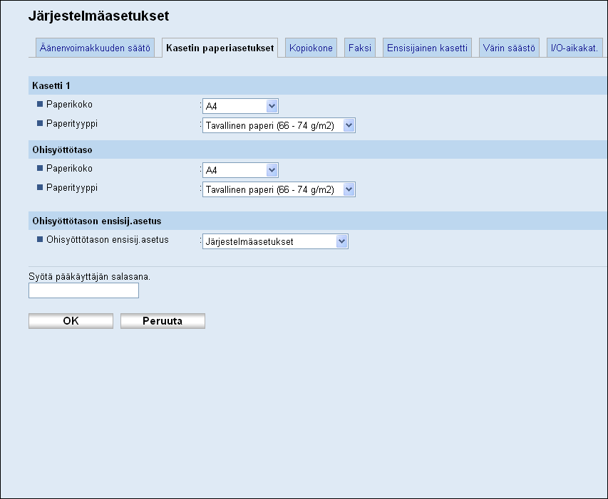 8. Laitteen määritykset Web Image Monitorilla Paperiasetusten määrittäminen Määritä paperiasetukset napsauttamalla järjestelmäasetussivun [Kasetin paperiasetukset] -välilehteä.