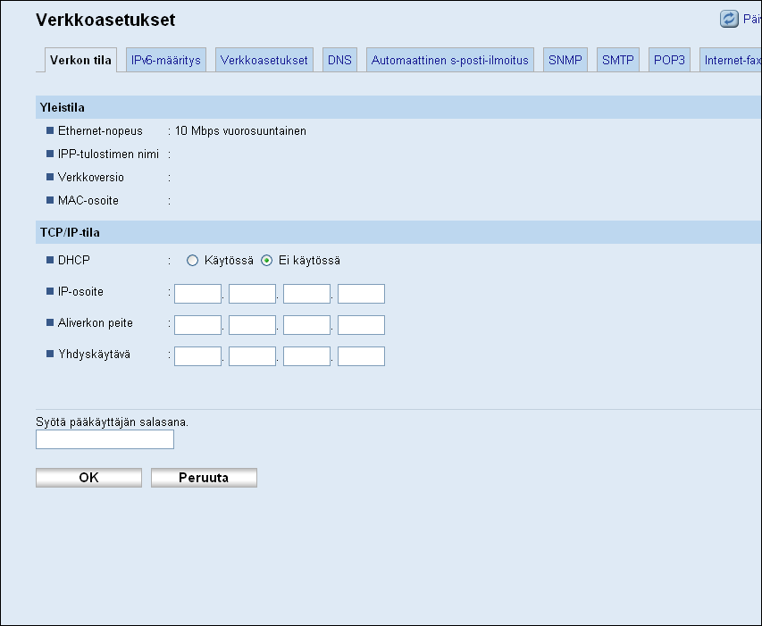 8. Laitteen määritykset Web Image Monitorilla Verkkoasetusten määrittäminen Napsauta [Verkkoasetukset] avataksesi verkkoasetusten määrityssivun.