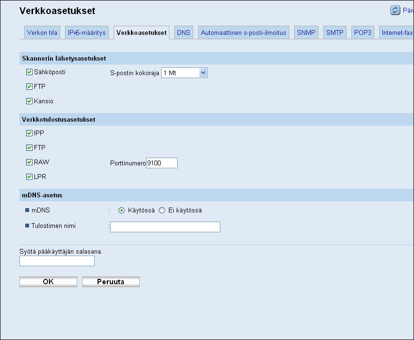 8. Laitteen määritykset Web Image Monitorilla Tieto Yhdyskäytävä/osoite Linkin paikall. osoite Manuaalisti määritettävä osoite Kuvaus Näyttää laitteen yhdyskäytävän osoitteen.