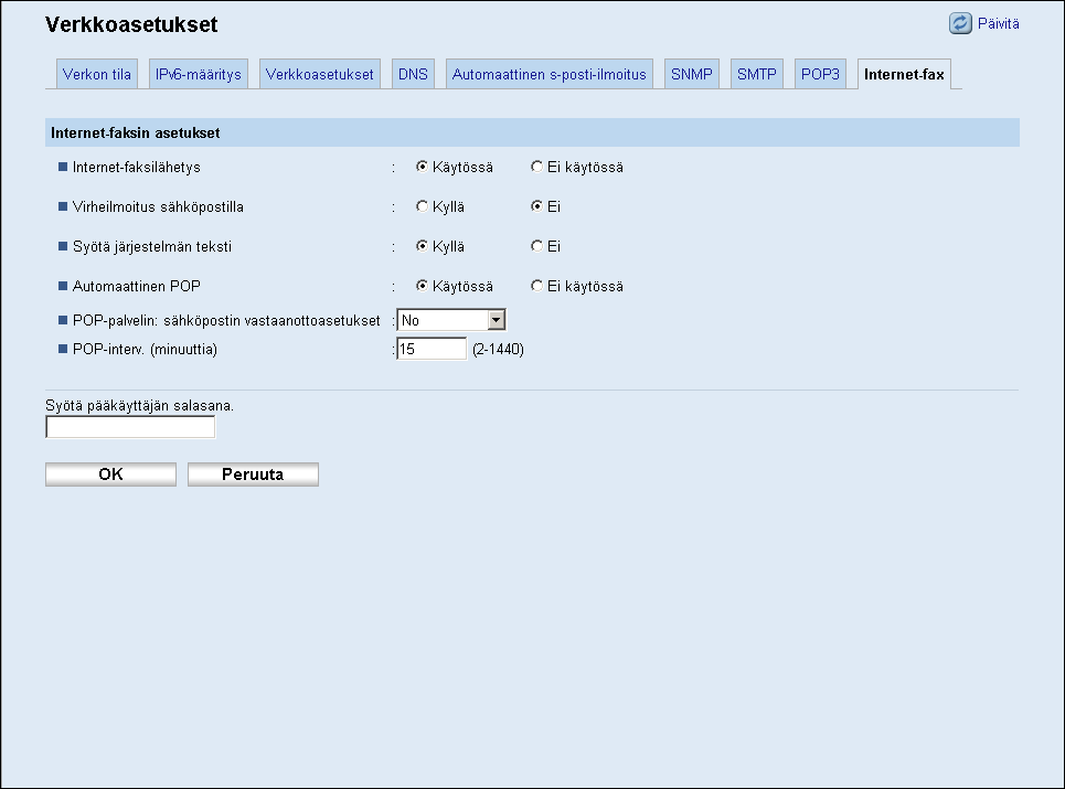 Verkkoasetusten määrittäminen Tieto Käyttäjätili Salasana Todennus Kuvaus Syötä POP3-palvelimeen kirjautumista varten tarvittava käyttäjänimi. Voi sisältää enintään 32 merkkiä.