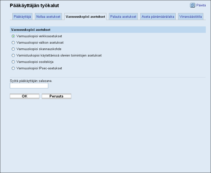 8. Laitteen määritykset Web Image Monitorilla Jos lähetät laitteen huoltoon, on tärkeää, että luot ensin varmuuskopiotiedostot. Laitteen asetukset palautetaan oletusarvoihin huollon jälkeen.