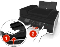 Tulostimen huoltaminen 119 Vapauta tulostimen ohjauspaneelin alla oleva salpa painamalla siitä.