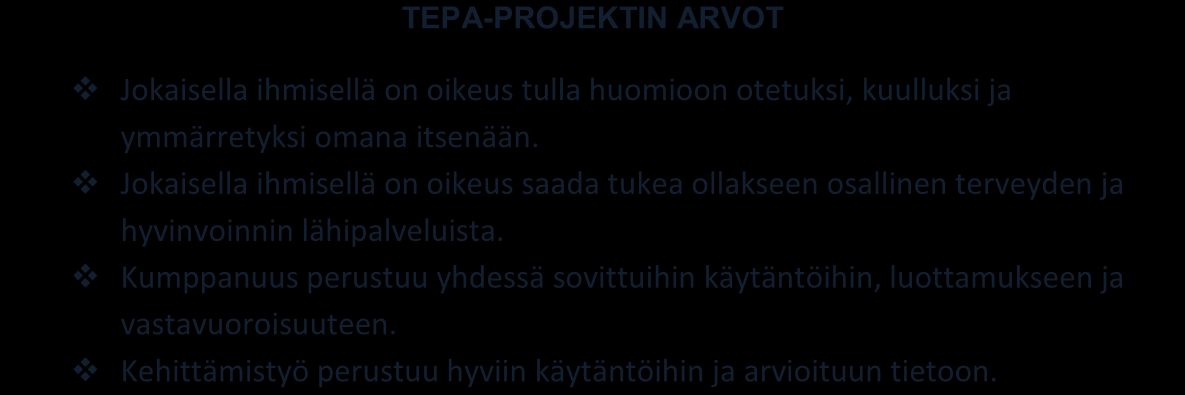 2. Tepa-projektin visio, tavoitteet ja arvot TEPA-projektissa kehitetään ja edistetään kehitysvammaisen asemaa terveydenhuollon käyttäjänä.