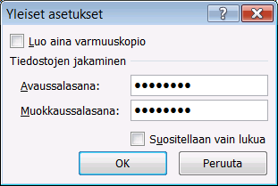 Suojaustoimet Excel 2007 Excel 2007 -ohjelmassa suojaustasoja on monta. Voit suojata työkirjan, taulukon tai määrittää eri taulukon alueille eri käyttöoikeuksia. Käytä salasanaa harkiten.