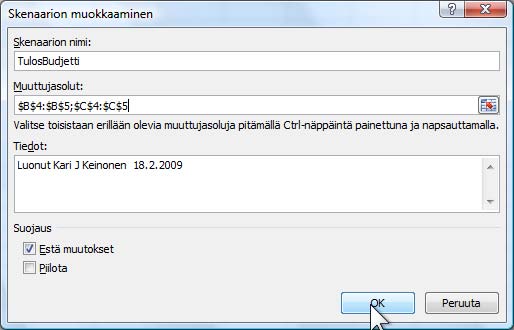 Skenaariot (Scenarios) Harjoitustiedosto: Jäätelönmyynti korrelaationa.xlsx - Alkusivut-taulukko Voit luoda skenaarioita taulukon arvoista.