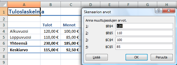 Uuden skenaarion luot Tiedot (Data) -välilehden Entä-jos-analyysi (What-If Analysis) -painikkeen pudotusvalikon Skenaarionhallinta (Scenario Manager) -komennolla.