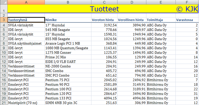 Taulukko-toiminto, tietokanta Excel 2007 Tietokannan tekemistä Excelillä puoltaa usein yrityksissä käytössä oleva ohjelmistovalikoima.