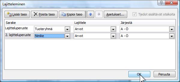 Lajittelu usean tekijän mukaan Harjoitustiedosto: Tuotteet - taulukko 2.xlsx Excelissä usean sarakkeen (lajitteluavaimen) käyttö lajittelussa on myös mahdollista.