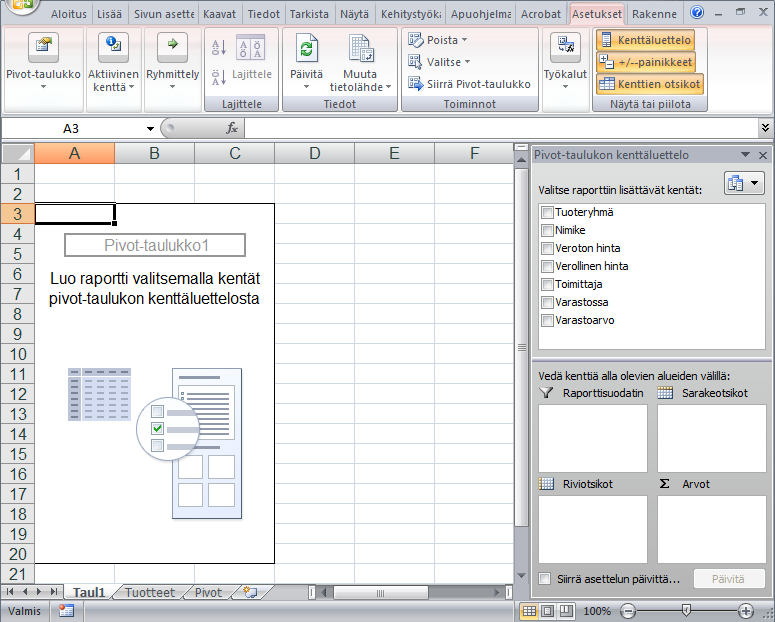Kuva 241 Näytöllä ilmestyy uusi taulukko ja valintanauhaan Pivot työkalut (Pivot- Table Tools) -ryhmä, jossa on Asetukset (Options) ja Rakenne (Design) -välilehtien valitsimet.