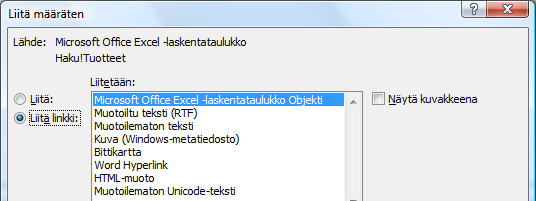 Excel tietojen linkittäminen Wordiin Harjoitustiedosto: Funktioiden käyttöä.xlsx - Haku-taulukko Avaa Funktioiden käyttöä.xlsx -tiedosto ja valitse Haku-taulukko.