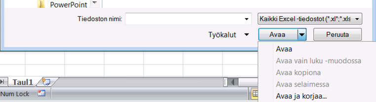 Tiedoston avaaminen Avaat olemassa olevan työkirjan helpoiten näppäinyhdistelmällä Ctrl + o. Asiakirjan voit avata myös napsauttamalla Office-valikon Avaa (Open) -komentoa.