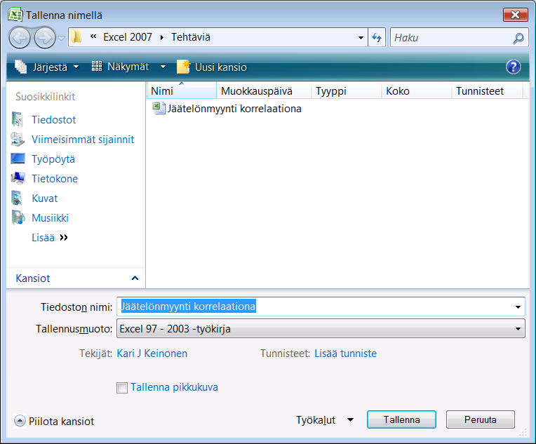 Tallennus Excel 2007 Sinun kannattaa tallentaa tekemäsi asiakirja aina sähköiseen muotoon, saatat joskus vielä tarvita tuota asiakirjaa. Kotona tallennus tapahtuu paikalliselle kovalevylle.