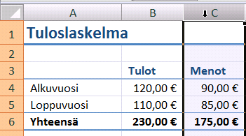 Sarake Yhteen sarakkeeseen (Column) kannattaa yleensä syöttää yhden osatekijän tietoja.