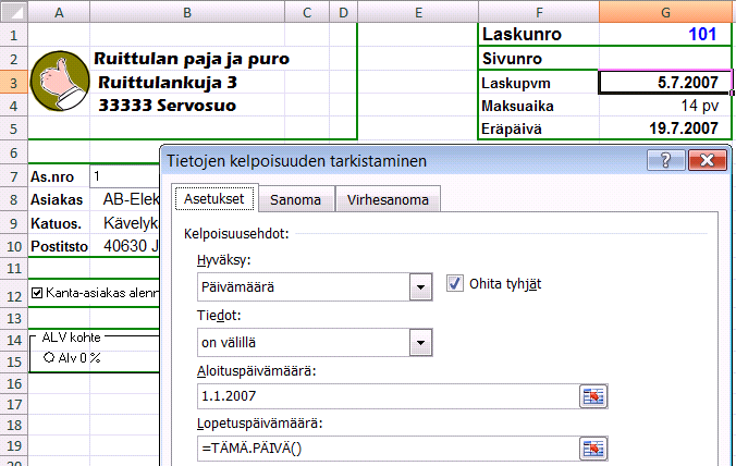 Lukuarvon syötön rajoittaminen Kuva 57 Laadi kuvassa esitetty kelpoisuusehto Viivästyskorko-kentälle. Tämän jälkeen kenttään voi syöttää vain arvoja 0-0,19 (vastaavat arvoja 0-19 %).