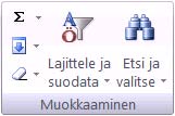 Etsi - Korvaa toiminnot Excel 2007 Aloitus (Home) -välilehdellä on erinomaiset työkalut asiakirjan tietojen etsimiseen ja usein toistuvan kirjoitetun tiedon korvaamiseen sekä erilaisten valintojen