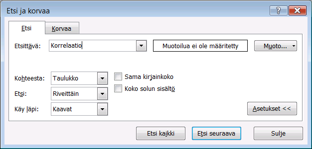 Etsi ja valitse -pudotusvalikko Etsi ja korvaa -toiminnot Siirtymiskomennot Valinta työkalut Etsi (Find) Kuva 83 Muokkaaminen (Editing) -ryhmässä on Etsi ja valitse (Find & Select) -painike.