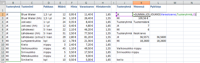 Valitse sen jälkeen hiirellä se alue, jonka arvoja olet laskemassa yhteensä. Hyväksy vielä syöttö Enter-näppäimellä.