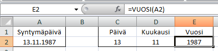 Vuoden, kuukauden tai päivämäärän erottaminen Harjoitustiedosto: Funktioiden käyttöä.xlsx - Päivät-taulukko Kun solussa on päivämäärä muodossa 13.11.