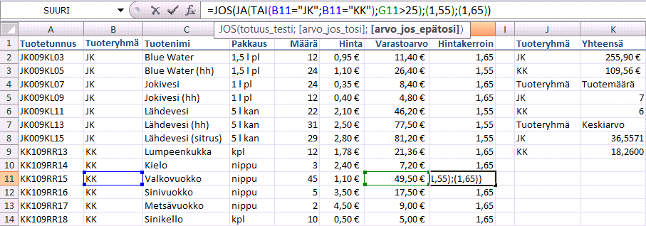 Loogiset funktiot Vertailufunktiot Ja() (And ), Tai() (Or) ja Jos() (If) -funktioilla voit tehdä hyvin monipuolisia vertailuja joiden perusteella voit jatkaa laskentaa.