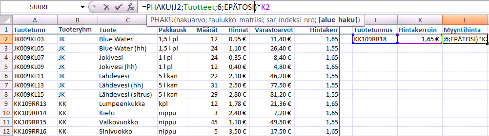 Hakufunktiot Pysty- ja vaakahaku PHaku() (VLookup) ja VHaku() (HLookup) -funktiot ovat erinomaisia apuvälineitä, niillä voit tuoda vertailuarvolla lähtöarvon alitaulukosta.