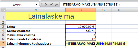 Taloudelliset funktiot Maksuerän suuruus tasaerälainassa Maksu() (PMT) -funktiolla lasket tasaerälainan (annuiteettilaina) maksuerän suuruuden.