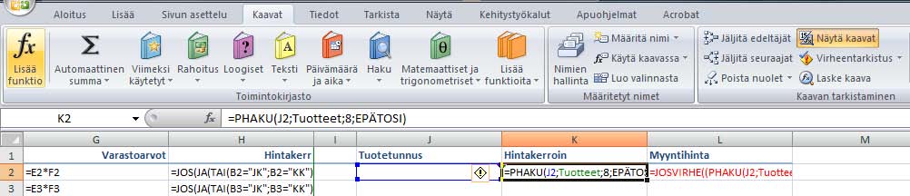 Asetukset (Options) -painikkeella pääset muuttamaan Excelin asetuksia. Askelluspainikkeella voit ajaa virheellisen kaavan edellisellä sivulla esitetyllä tavalla.