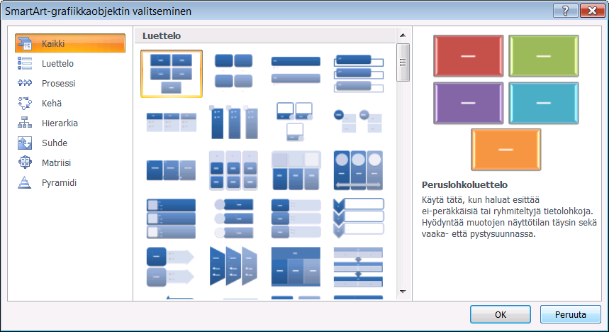 SmartArt-grafiikkaobjektit Harjoitustiedosto: Funktioiden käyttöä.xlsx - SmartArt-taulukko Excel 2007 tuo mukanaan vahvasti uusitun työkalun prosessi-, organisaatio- ja matriisikaavioiden luomiseen.