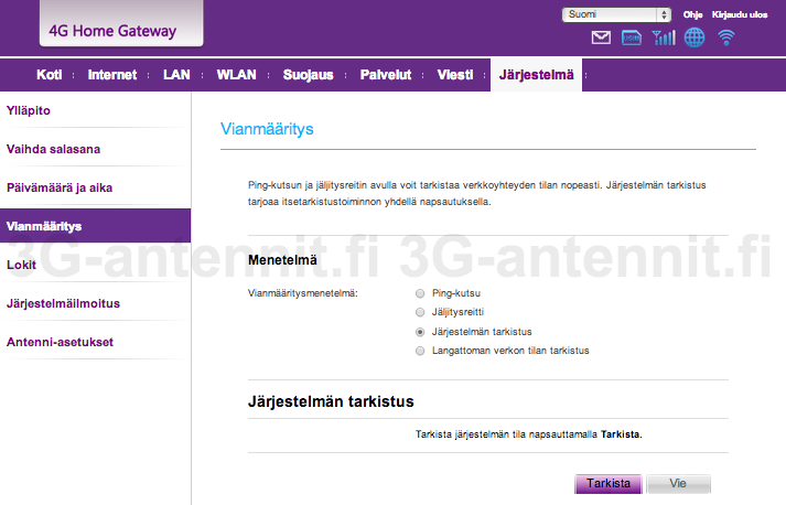 15. Mikäli huomaat yhteydessä tai laitteen toiminnassa jotain ongelmia, voit ajaa järjestelmän vianmäärityksen kohdasta Järjestelmä, Vianmääritys ja Järjestelmän tarkistus.