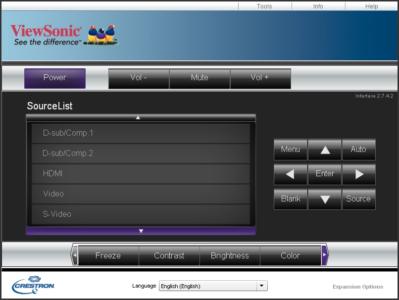 8. Crestron (econtrol) -sivu näyttää Crestron econtrol -käyttäjän liitännän. econtrol-sivu tarjoaa joukon virtuaalisia näppäimiä ohjaamaan projektoria tai säätämään projisoituja kuvia.