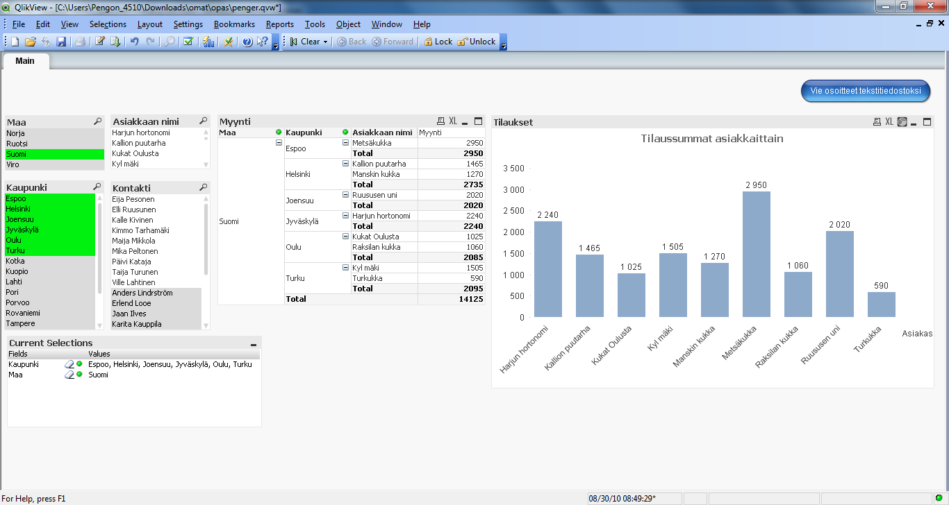 QlikView-sovelluksessa dataa voidaan tarkastella erilaisten objektien avulla, joita voidaan luoda ja muunnella helposti.