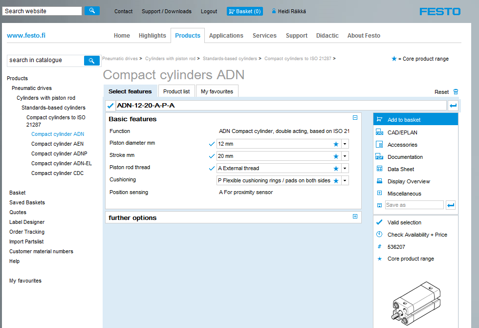 2) Festo online-katalogiin (Products) josta voit etsiä tuotteita Feston tuotetyypillä, tuotenumerolla tai listattujen tuotenimikkeiden avulla ja lisätä sopivan tuotteen