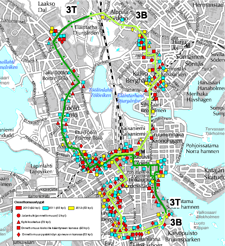 17 Linjojen 3B, 3T ja 7 onnettomuudet on esitetty kuvissa 6 ja 7. Kuvista voidaan nähdä selkeitä kohteita, joissa onnettomuuksia on tapahtunut erittäin paljon. Tällaisia alueita ovat mm.