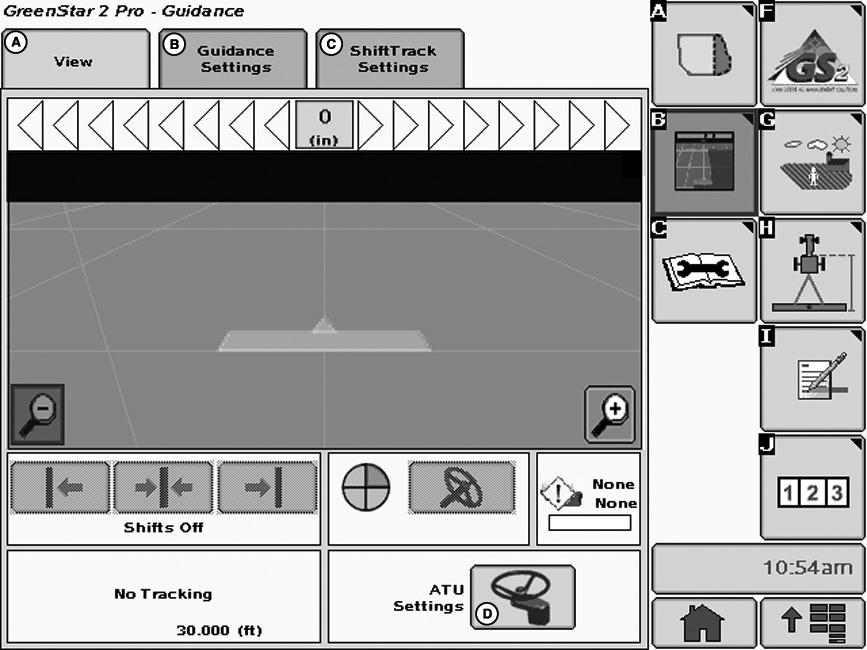 GS2-näyttö Asetukset PC9504 UN 14JUN07 A Näytä-välilehti B Opastuksen asetukset C ShiftTrack-asetukset D ATU-asetukset-painike