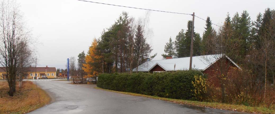 hoidettua puistoaluetta. Korkea pensasaita rajaa omakotitalon pihaa Postipolun puolella. Kuva 6.